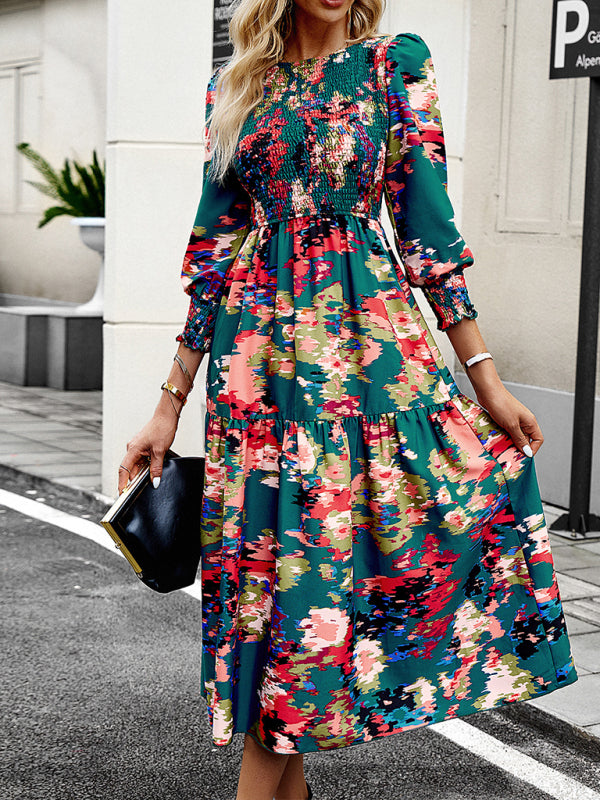 Blue Zone Planet |  Women's Elegant Commuting Round Neck Printed Dress BLUE ZONE PLANET
