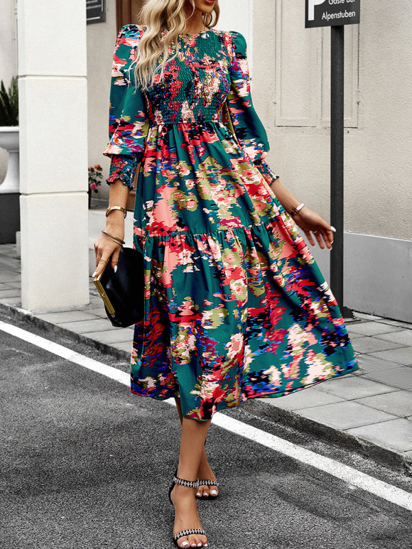 Blue Zone Planet |  Women's Elegant Commuting Round Neck Printed Dress BLUE ZONE PLANET