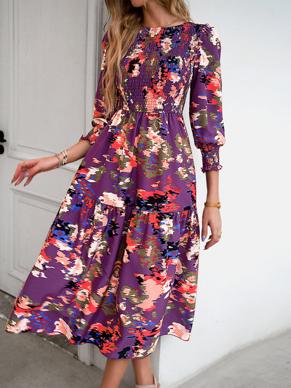 Blue Zone Planet |  Women's Elegant Commuting Round Neck Printed Dress BLUE ZONE PLANET