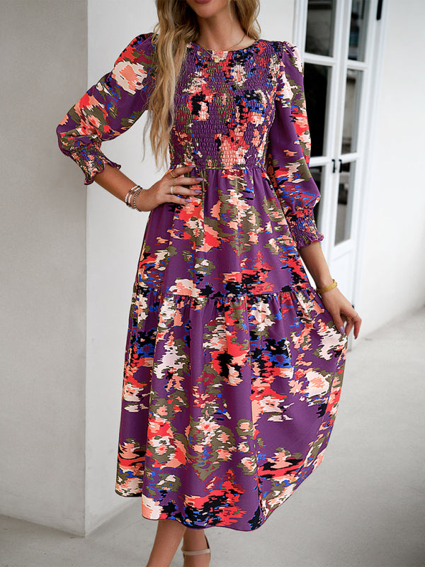 Blue Zone Planet |  Women's Elegant Commuting Round Neck Printed Dress BLUE ZONE PLANET