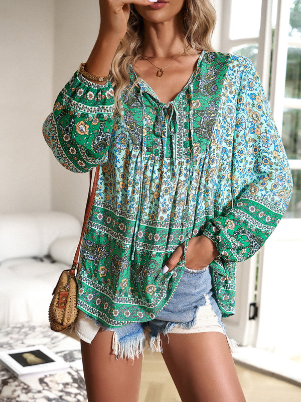 Blue Zone Planet |  bohemian printed lace-up blouse BLUE ZONE PLANET