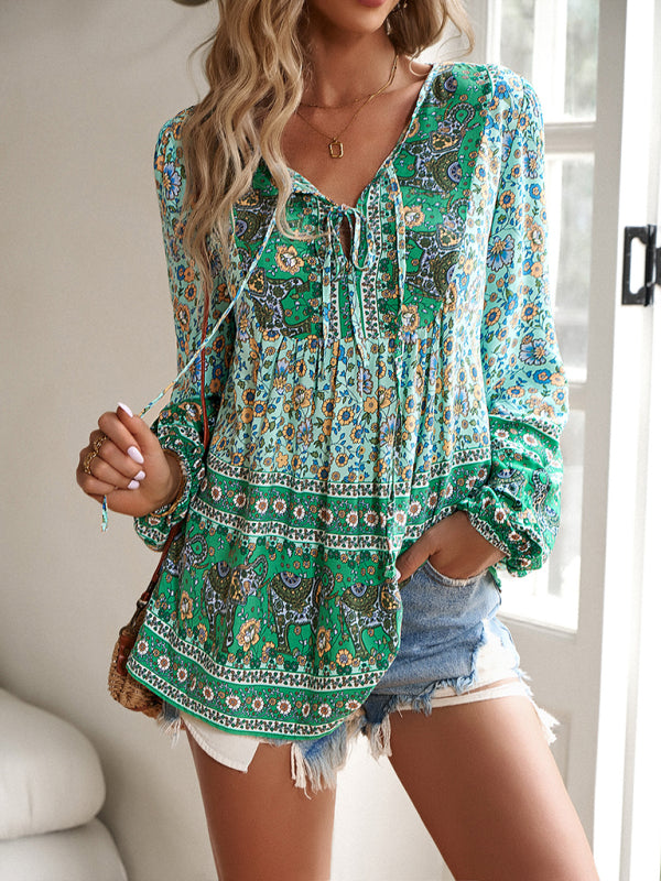 Blue Zone Planet |  bohemian printed lace-up blouse BLUE ZONE PLANET