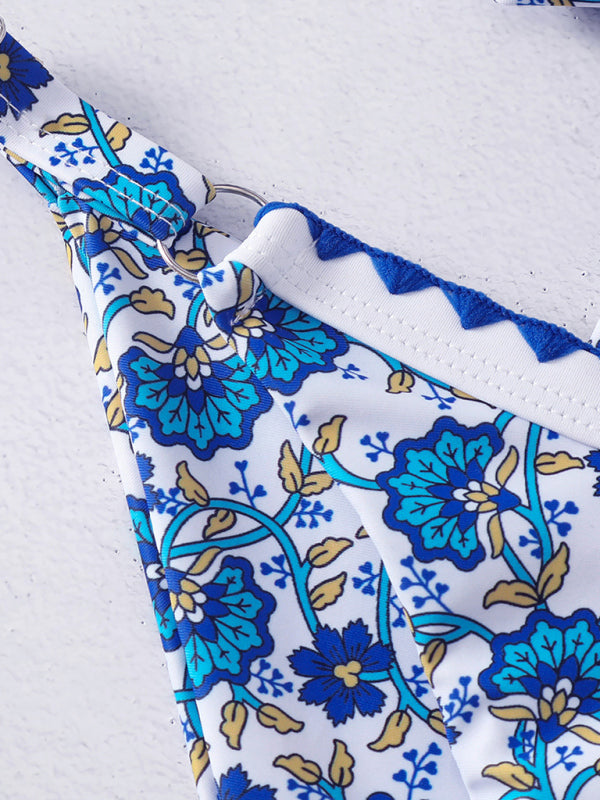 cross-string digital print hook-and-edge split swimsuit BLUE ZONE PLANET