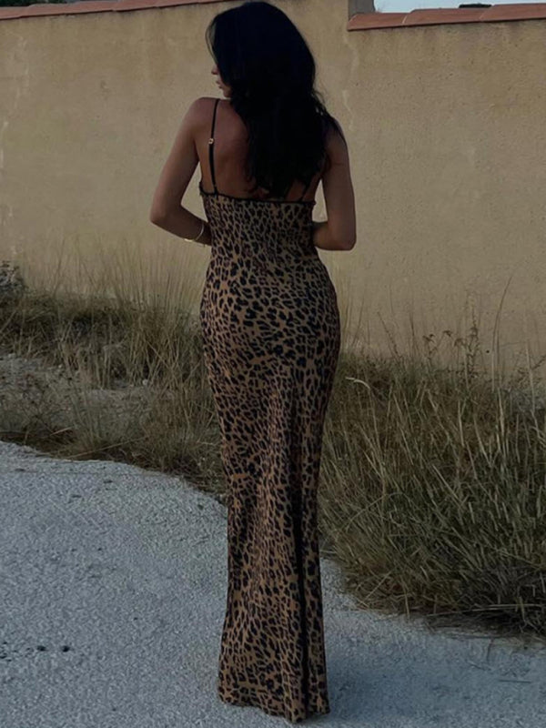 Women's halter neck fashion strap backless leopard print dress kakaclo