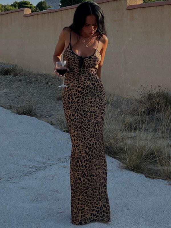 Women's halter neck fashion strap backless leopard print dress kakaclo