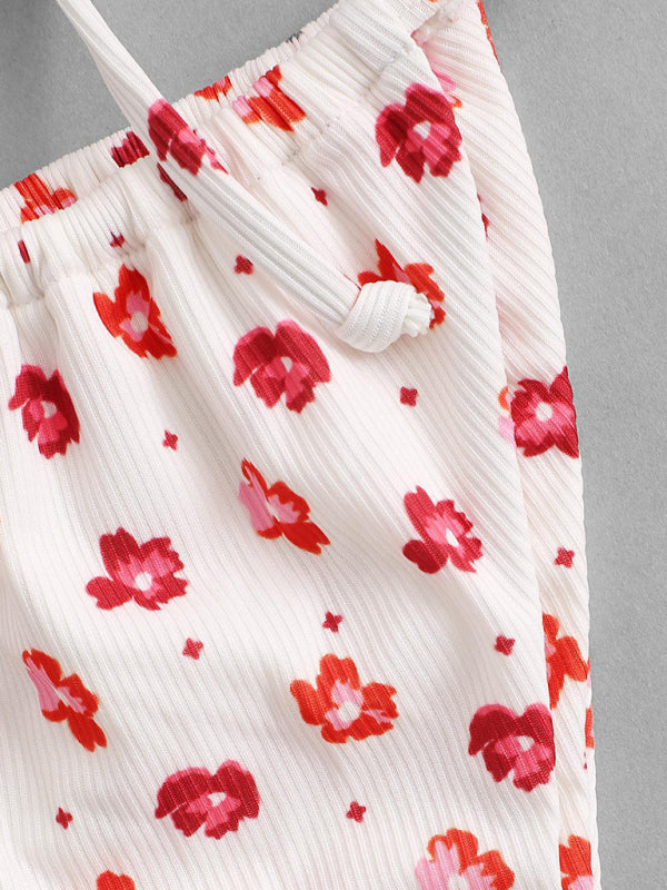 New pink flower print split swimsuit tie-dye halterneck bikini kakaclo