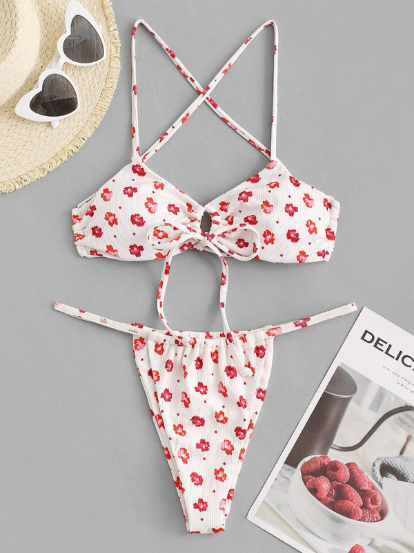 New pink flower print split swimsuit tie-dye halterneck bikini kakaclo
