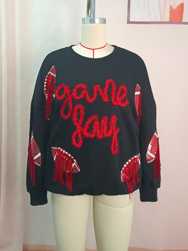 Blue Zone Planet |  rugby tassel sequin crew neck sweatshirt BLUE ZONE PLANET