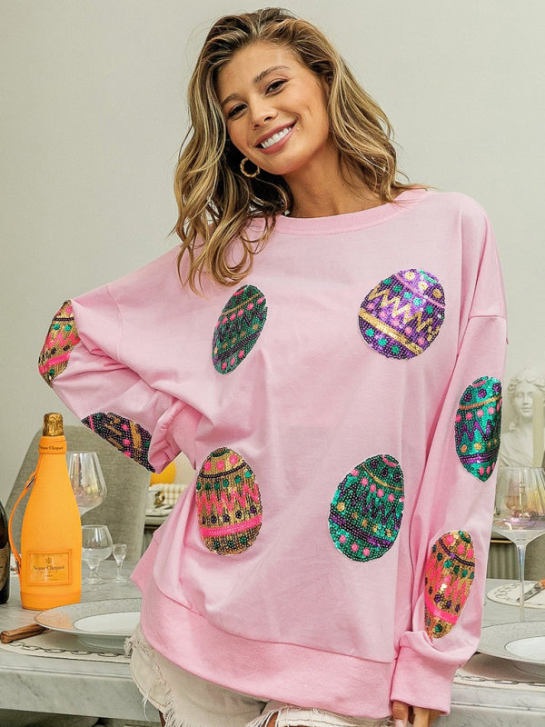Blue Zone Planet |  Easter Egg Sequin Round Neck Pullover Sweatshirt BLUE ZONE PLANET