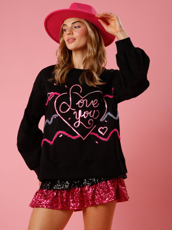 Love sequin sequin round neck pullover sweatshirt kakaclo