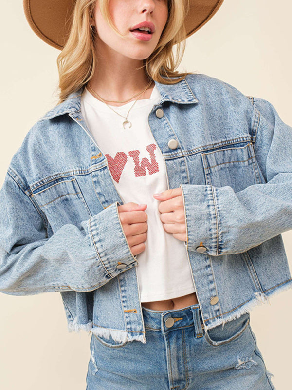 Valentine's sequin heart distressed hem denim jacket kakaclo