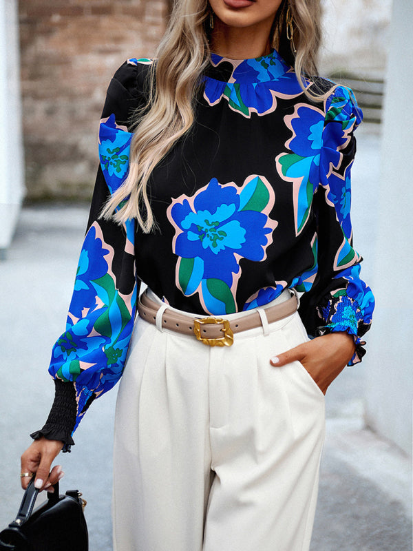 Blue Zone Planet | Abstract print turtleneck puff sleeve top blouse kakaclo