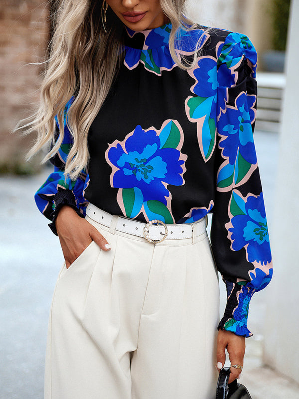 Blue Zone Planet | Abstract print turtleneck puff sleeve top blouse kakaclo