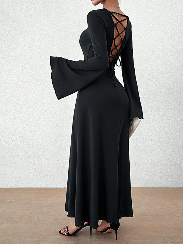 Blue Planet Backless lace up bell sleeve maxi dress Blue Blue Zone Planet