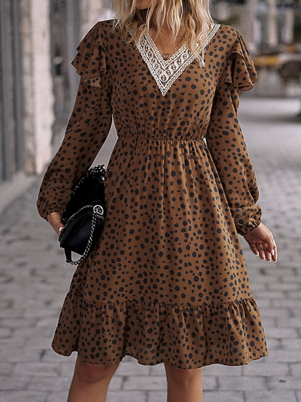 Blue Zone Planet | Ruffled lace patchwork V-neck knee length dress kakaclo