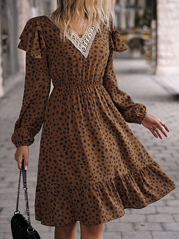Blue Zone Planet | Ruffled lace patchwork V-neck knee length dress kakaclo