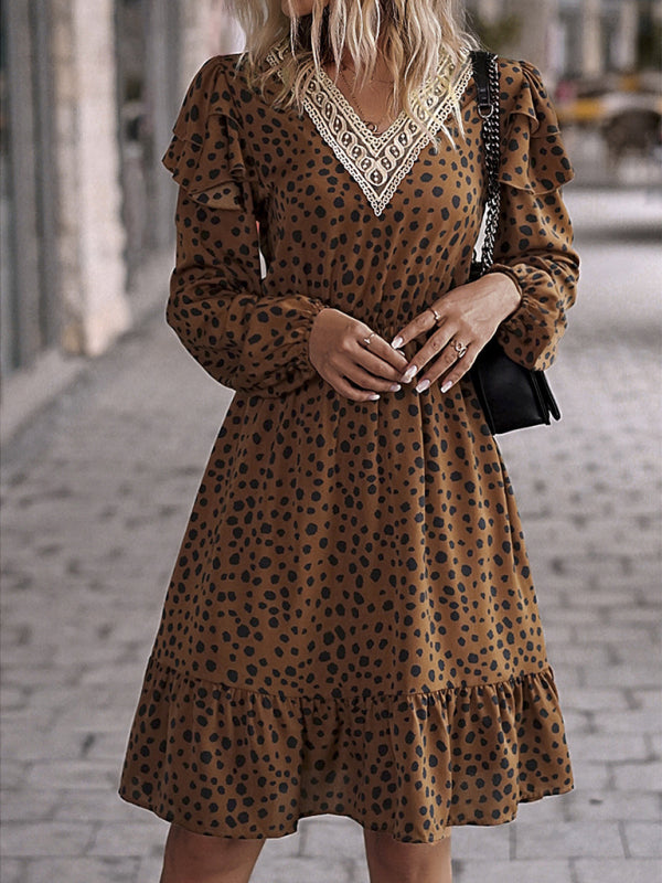 Blue Zone Planet | Ruffled lace patchwork V-neck knee length dress kakaclo