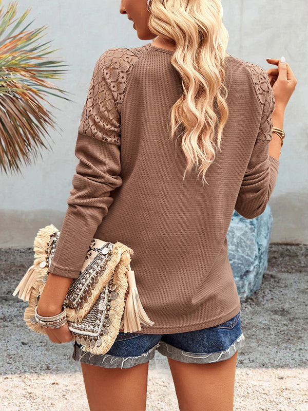 lace V-neck buttoned knit top BLUE ZONE PLANET