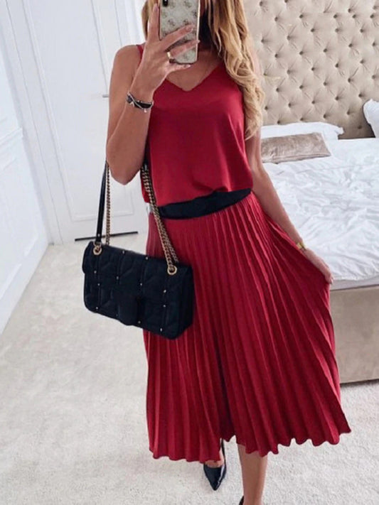 Blue Zone Planet | Loose V-neck pleated midi dress kakaclo