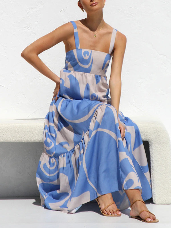 simple printed fashion spaghetti strap dress with large skirt kakaclo