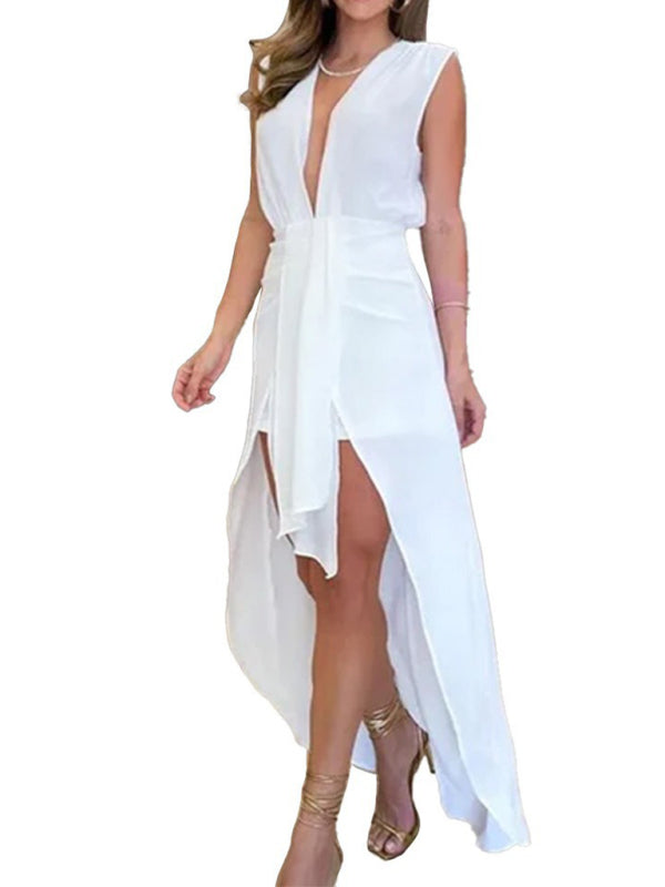 simple deep V-neck sleeveless double layer dress BLUE ZONE PLANET