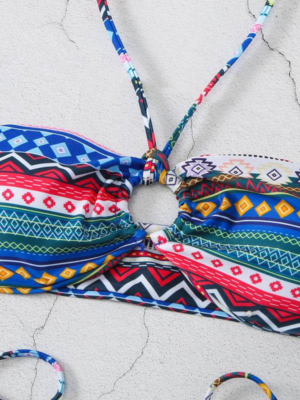 style halterneck lace-up adjustable briefs printed multi-color split bikini BLUE ZONE PLANET