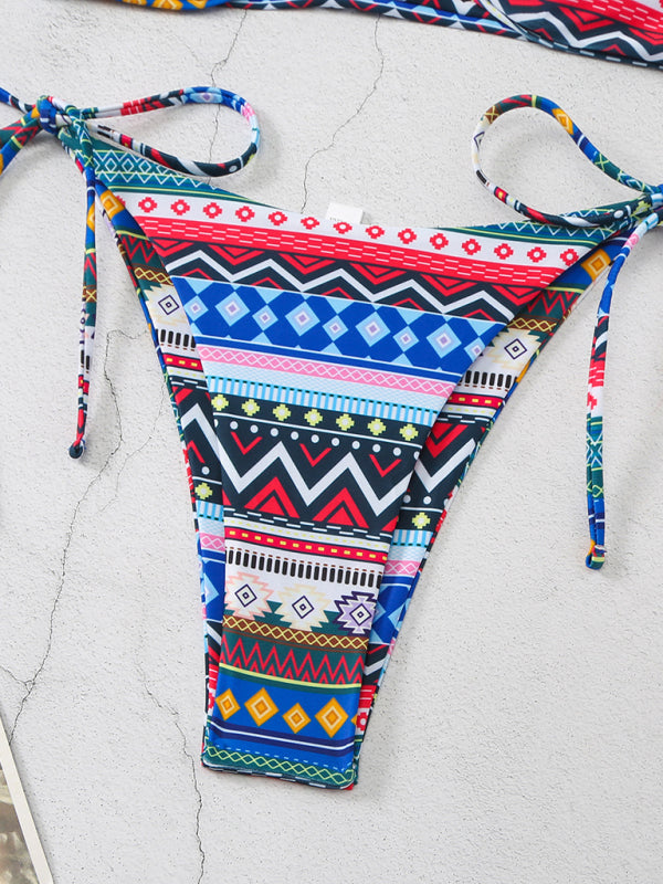 style halterneck lace-up adjustable briefs printed multi-color split bikini BLUE ZONE PLANET