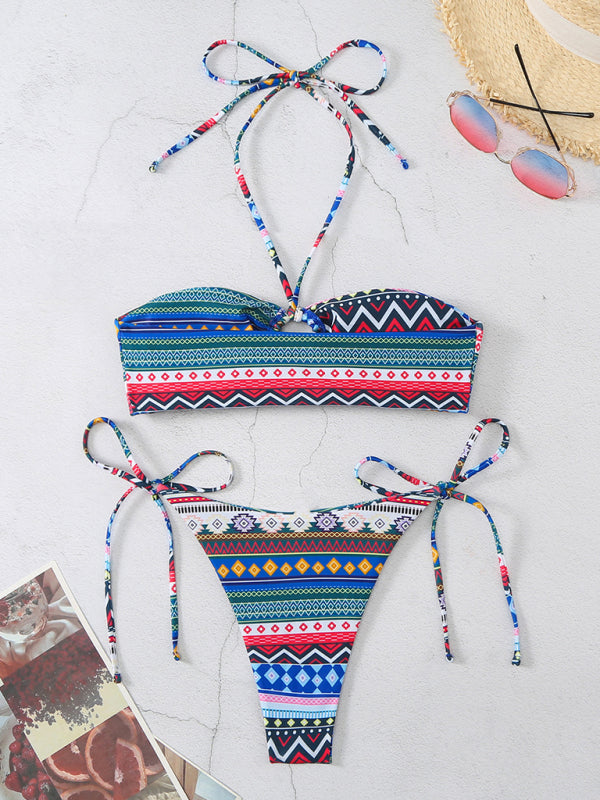 style halterneck lace-up adjustable briefs printed multi-color split bikini BLUE ZONE PLANET
