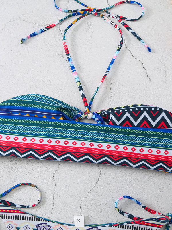 style halterneck lace-up adjustable briefs printed multi-color split bikini BLUE ZONE PLANET