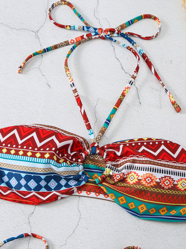 style halterneck lace-up adjustable briefs printed multi-color split bikini BLUE ZONE PLANET