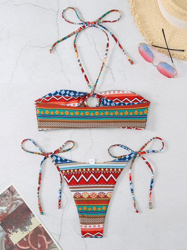 style halterneck lace-up adjustable briefs printed multi-color split bikini BLUE ZONE PLANET