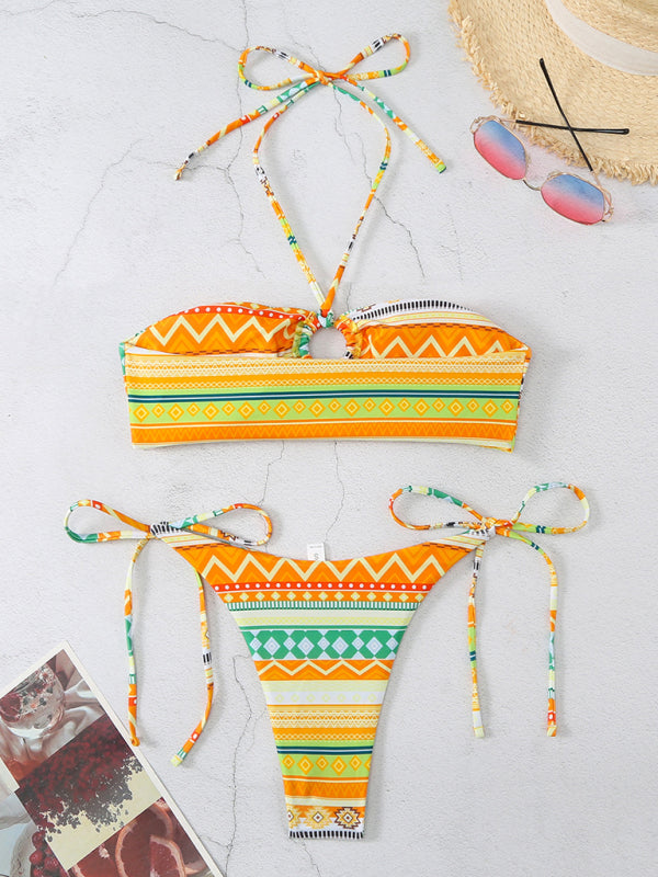 style halterneck lace-up adjustable briefs printed multi-color split bikini BLUE ZONE PLANET