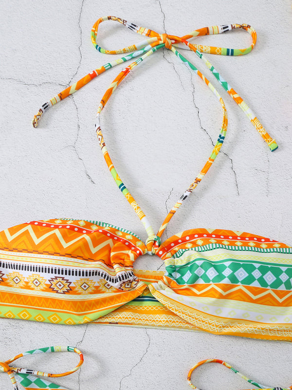 style halterneck lace-up adjustable briefs printed multi-color split bikini BLUE ZONE PLANET