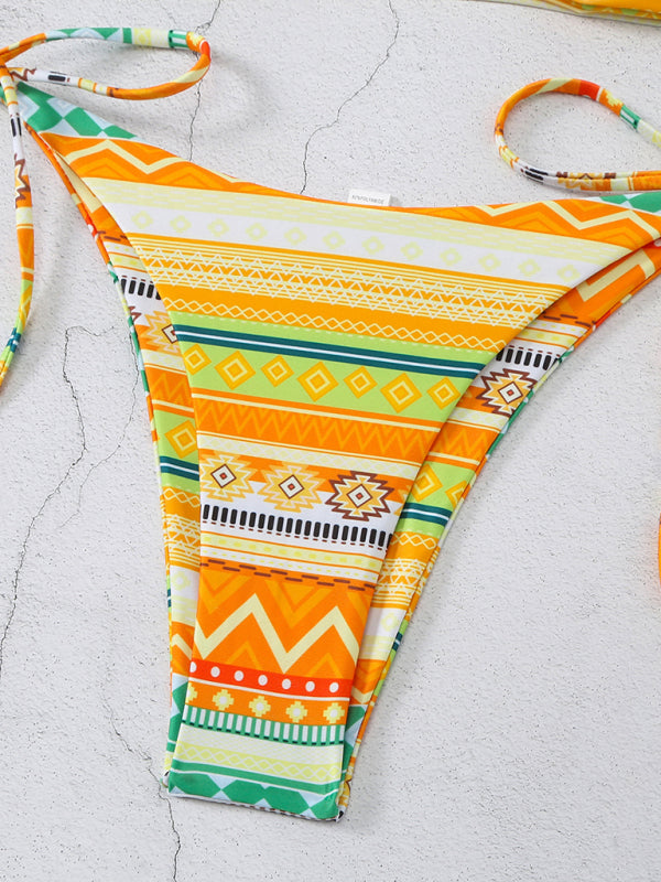style halterneck lace-up adjustable briefs printed multi-color split bikini BLUE ZONE PLANET