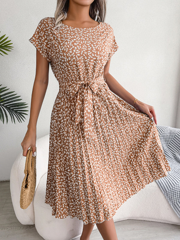 Blue Zone Planet |  Casual short-sleeved floral large hem pleated midi dress kakaclo