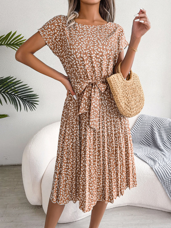 Blue Zone Planet |  Casual short-sleeved floral large hem pleated midi dress kakaclo