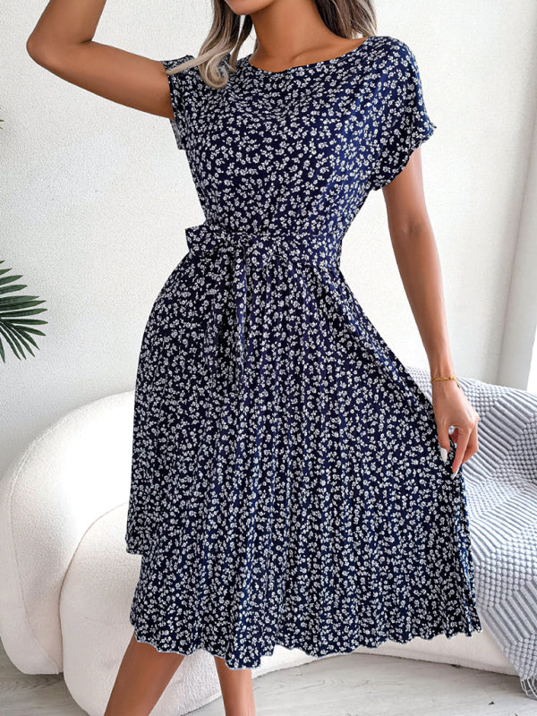 Blue Zone Planet |  Casual short-sleeved floral large hem pleated midi dress kakaclo