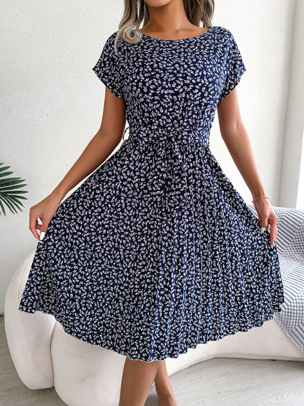 Blue Zone Planet |  Casual short-sleeved floral large hem pleated midi dress kakaclo