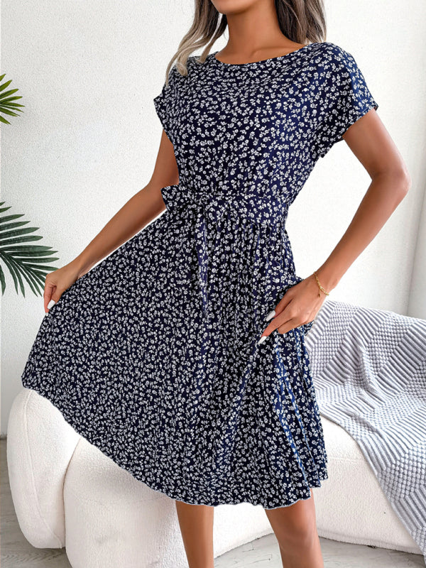 Blue Zone Planet |  Casual short-sleeved floral large hem pleated midi dress kakaclo