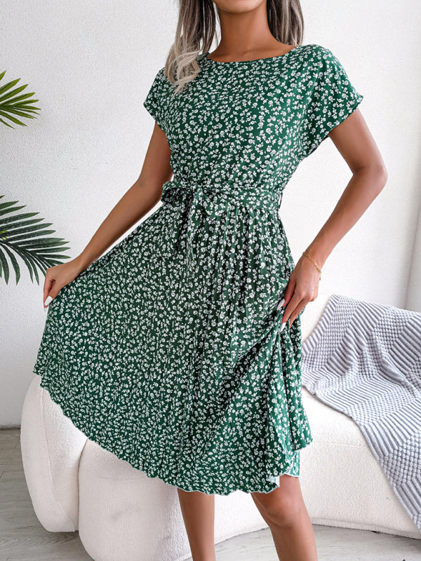 Blue Zone Planet |  Casual short-sleeved floral large hem pleated midi dress kakaclo