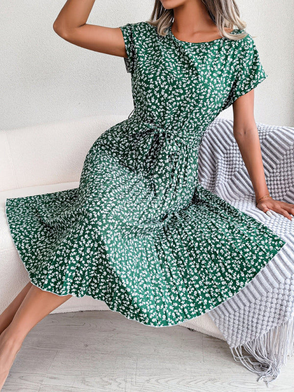 Blue Zone Planet |  Casual short-sleeved floral large hem pleated midi dress kakaclo