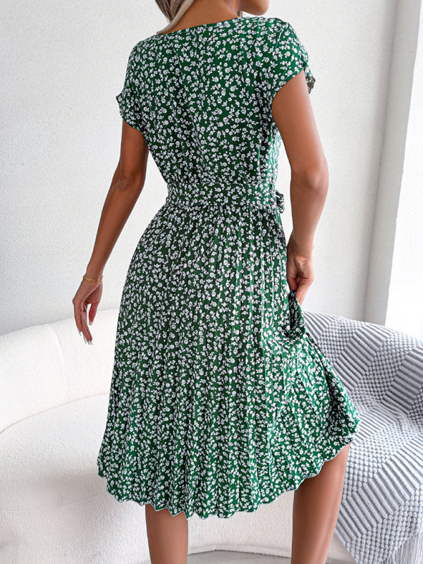 Blue Zone Planet |  Casual short-sleeved floral large hem pleated midi dress kakaclo