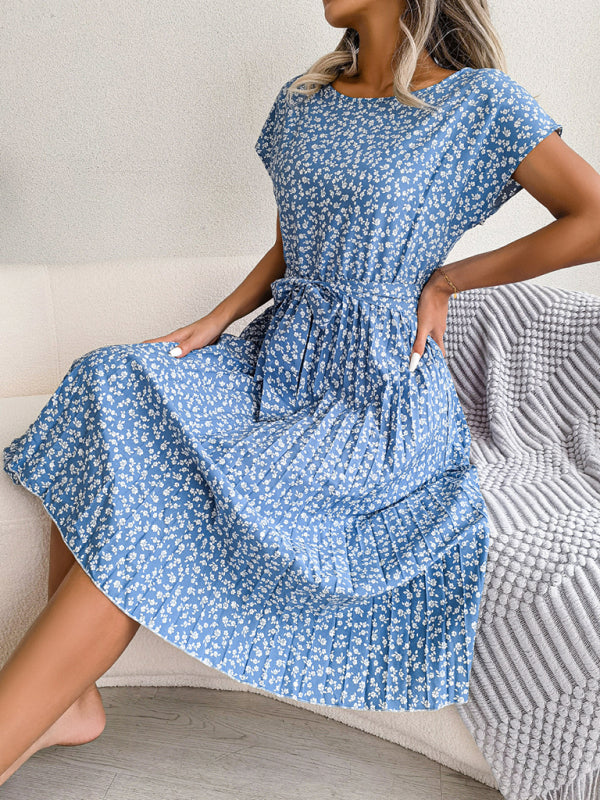 Blue Zone Planet |  Casual short-sleeved floral large hem pleated midi dress kakaclo