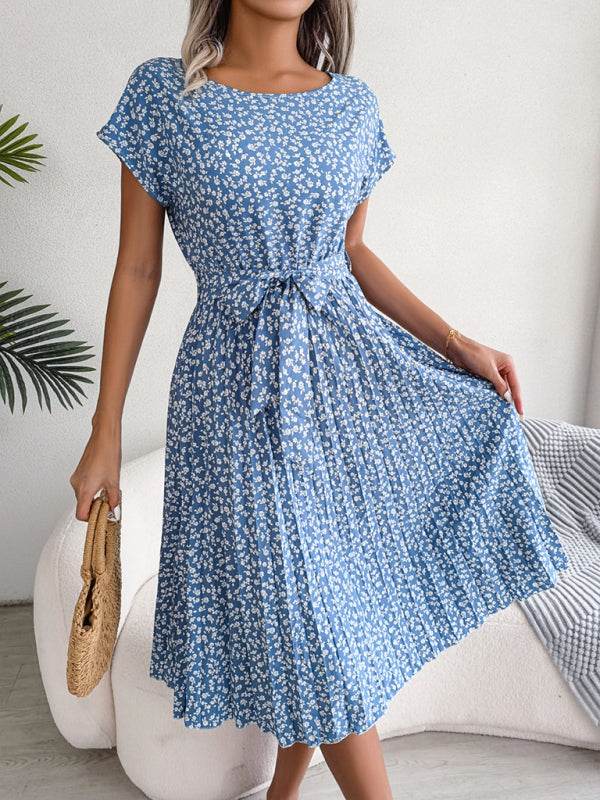 Blue Zone Planet |  Casual short-sleeved floral large hem pleated midi dress kakaclo