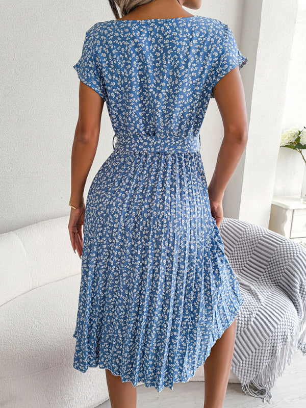 Blue Zone Planet |  Casual short-sleeved floral large hem pleated midi dress kakaclo