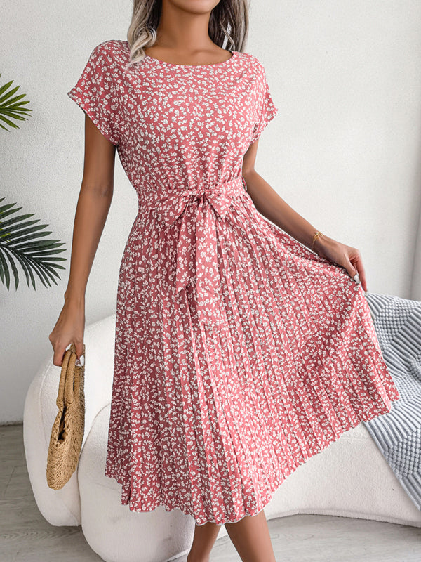 Blue Zone Planet |  Casual short-sleeved floral large hem pleated midi dress kakaclo