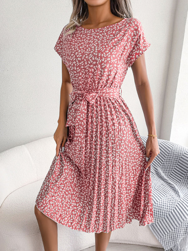 Blue Zone Planet |  Casual short-sleeved floral large hem pleated midi dress kakaclo