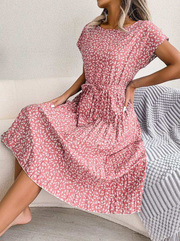 Blue Zone Planet |  Casual short-sleeved floral large hem pleated midi dress kakaclo