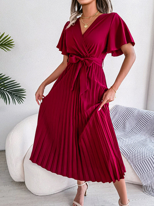 Blue Zone Planet |  Crossover V-neck pleated midi dress with wide hem kakaclo