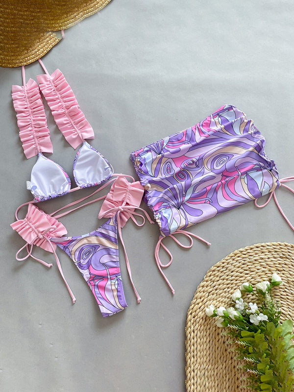 Blue Zone Planet |  three-piece bikini ruffled edge split swimsuit BLUE ZONE PLANET